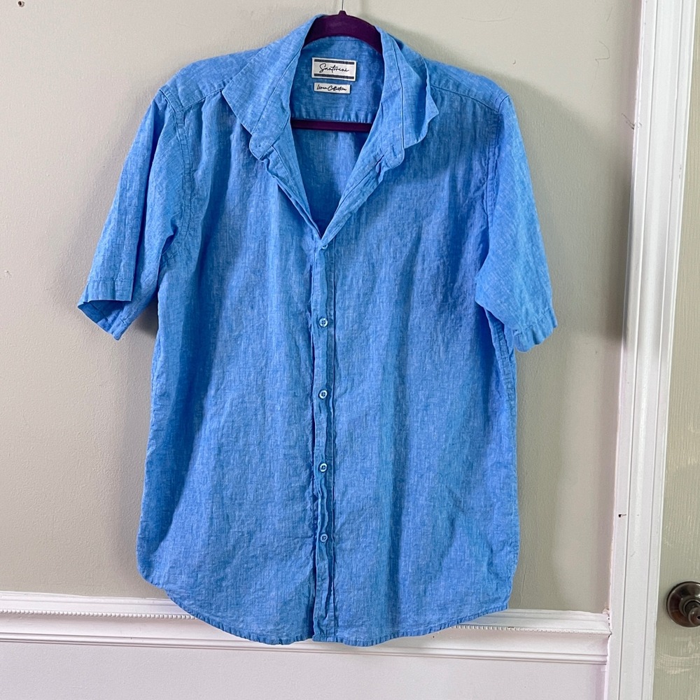 Santorini Linen Cotton Shirt Medium Mens Short Sleeve Button Down Blue 23-202